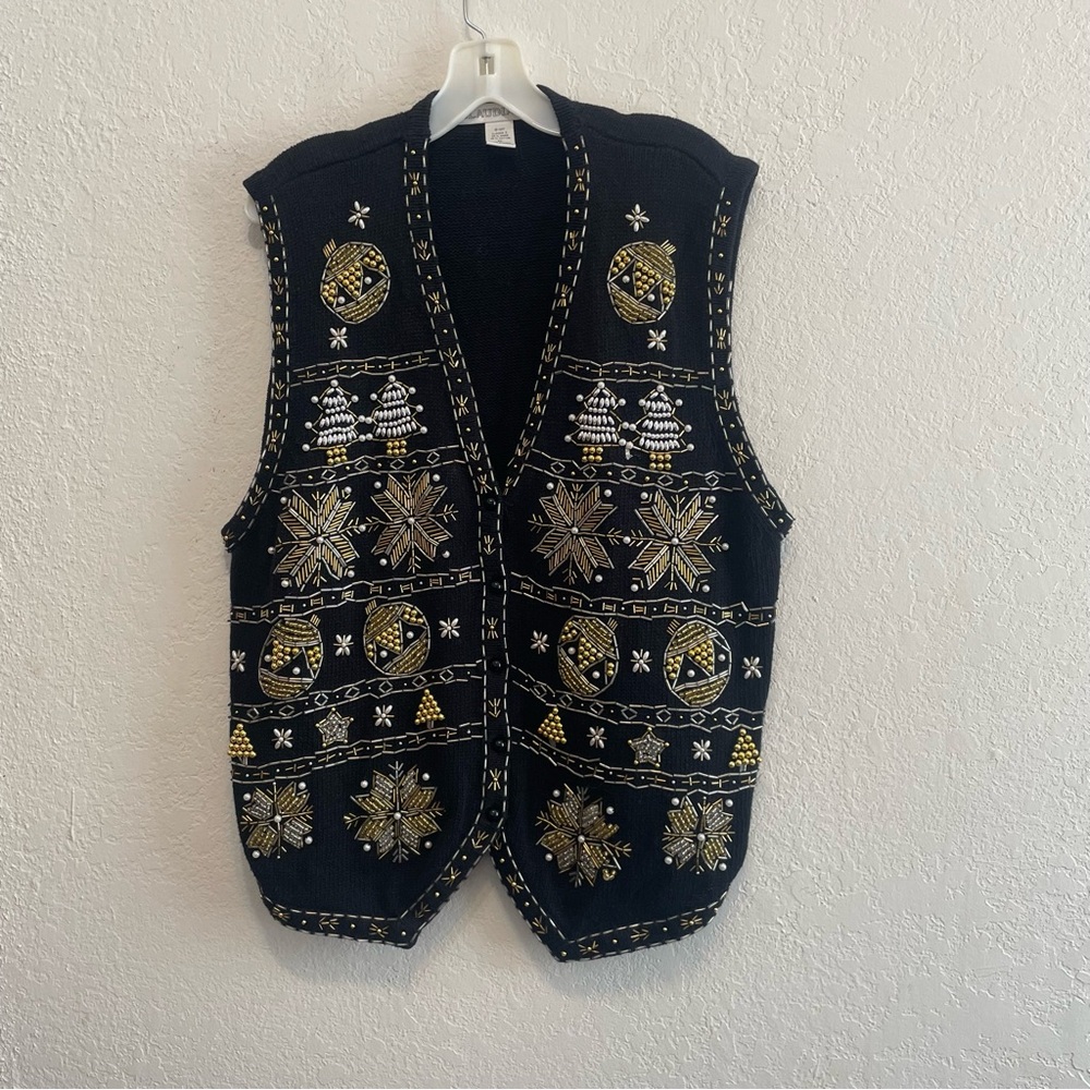 Claudia D Holiday Vest Womens XL Black Knit Gold Bead Button Front Vintage - Picture 2 of 9